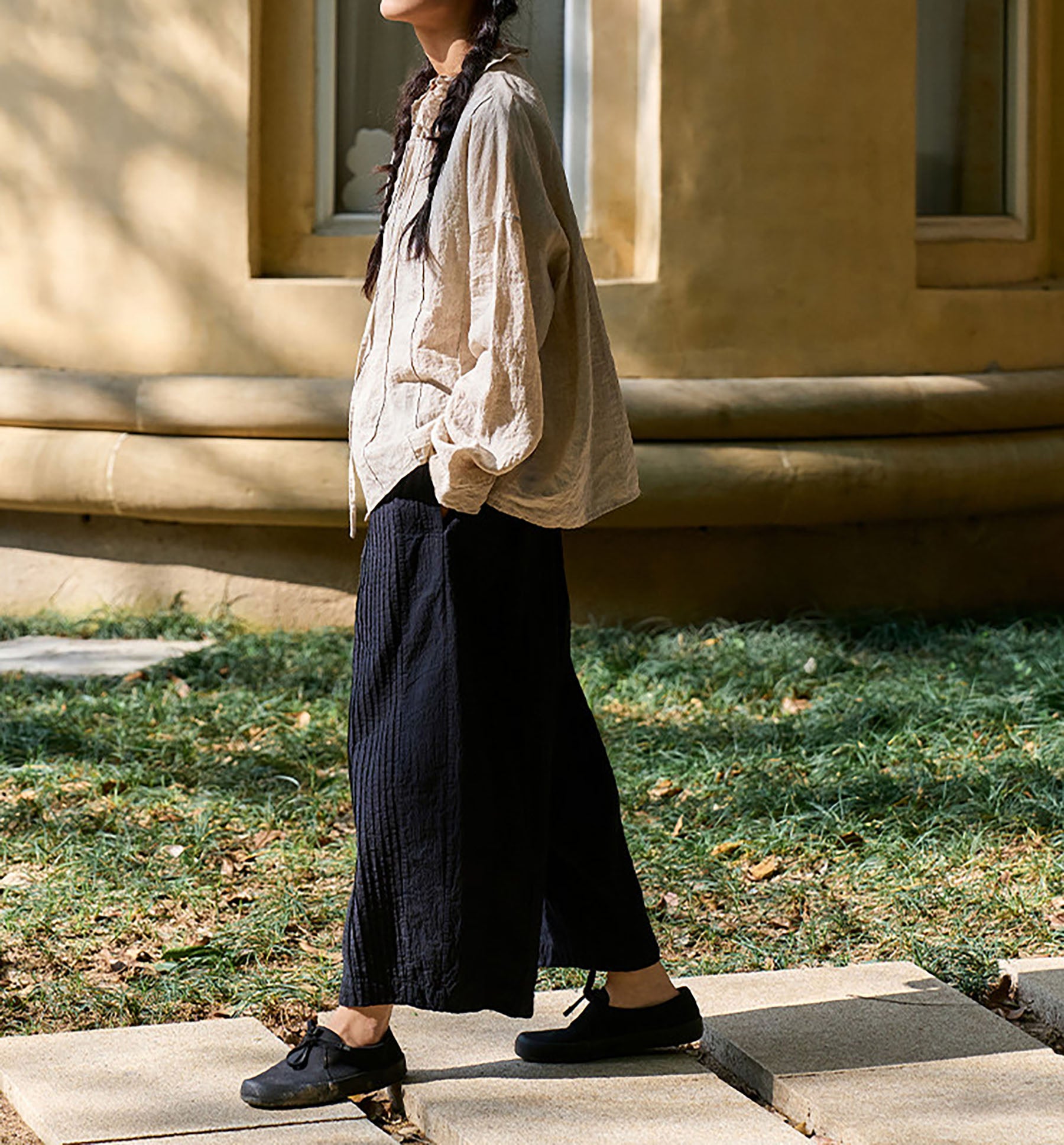 edoa Flax Linen Ruffled Collar Blouse with Pintucks