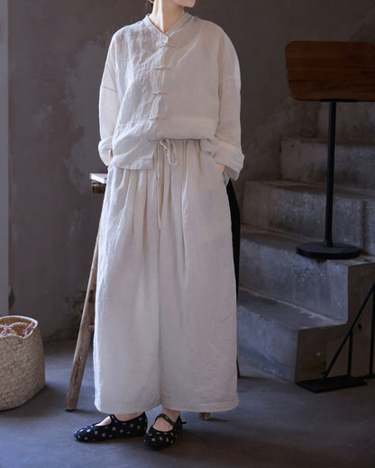 edoa Oversized Summer Oriental White Washed Ramie Chinese V-neck Button-up Shirt