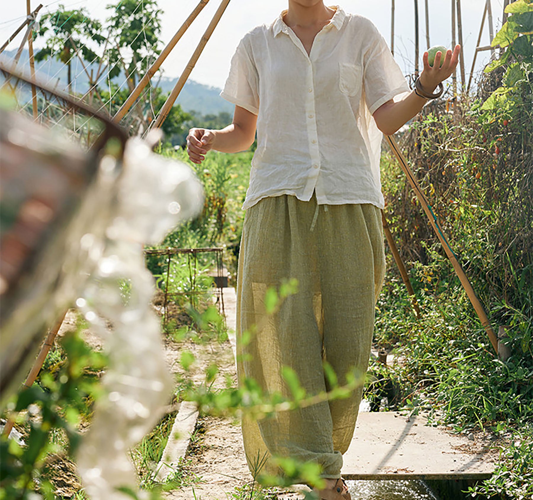 edoa Washed Linen Short Sleeve Artist Shirt 