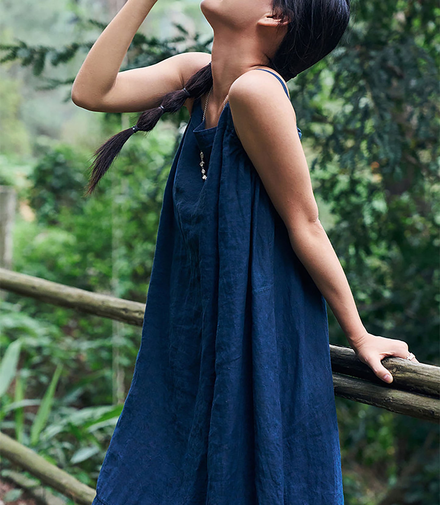 edoa Indigo Blue Linen Cocoon Shape Overall Dress