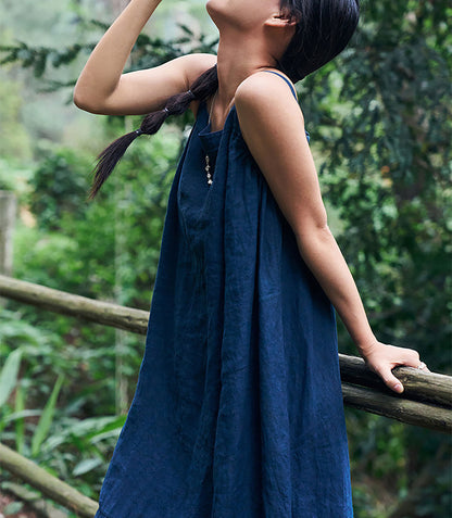 edoa Indigo Blue Linen Cocoon Shape Overall Dress