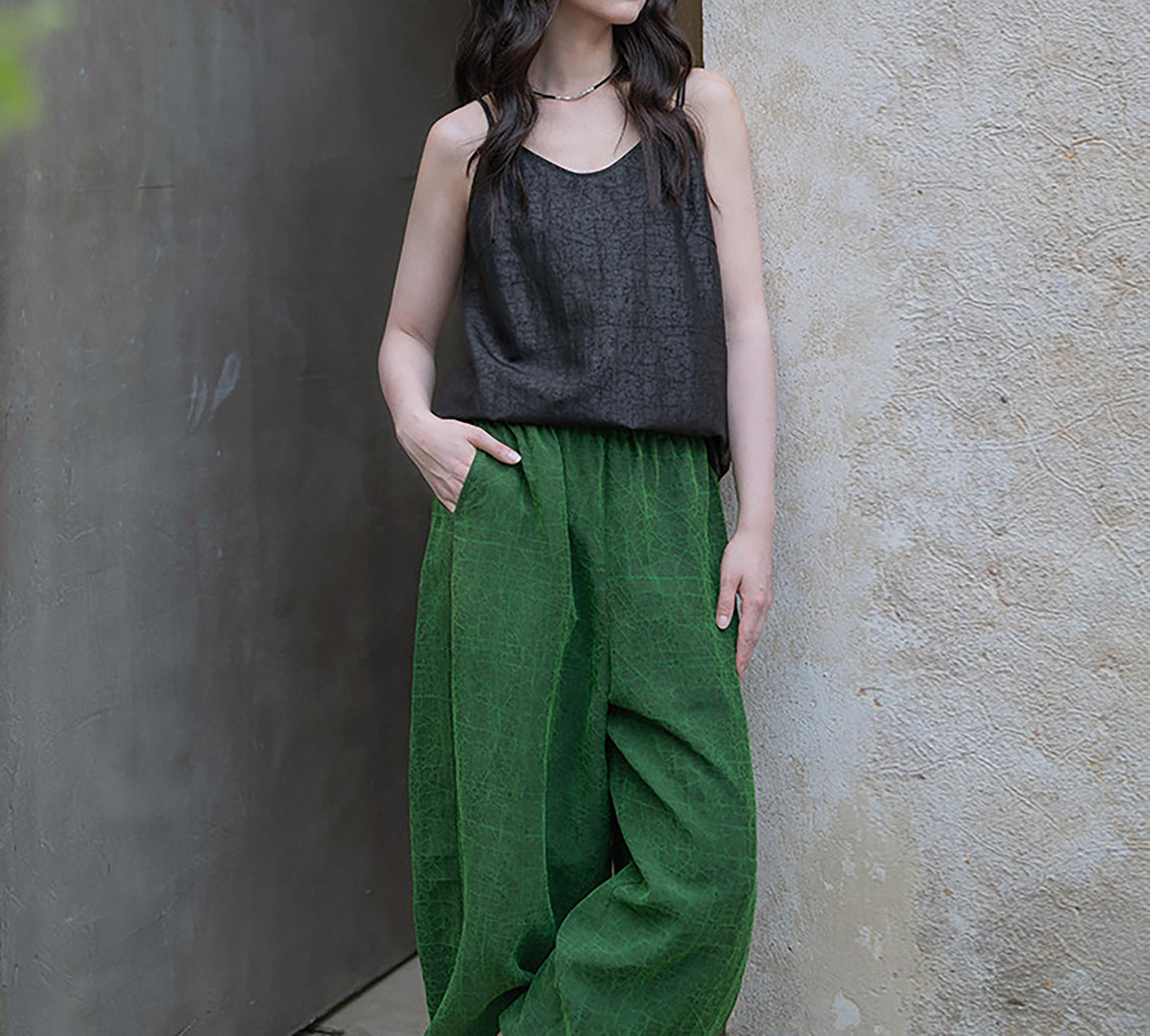 Emerald Green Cracked Mud Silk Tapered Pants pa0172 Q718