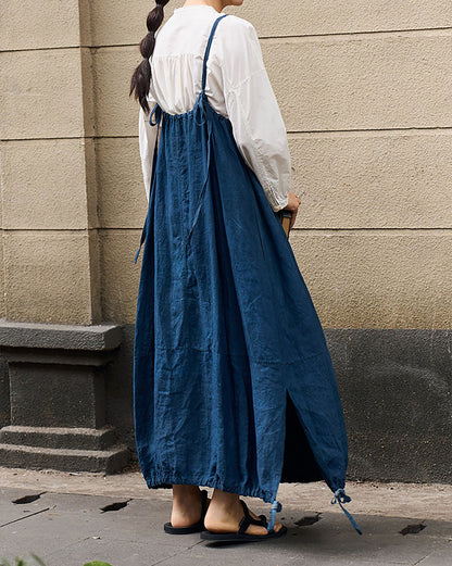 edoa Indigo Blue Linen Cocoon Shape Overall Dress