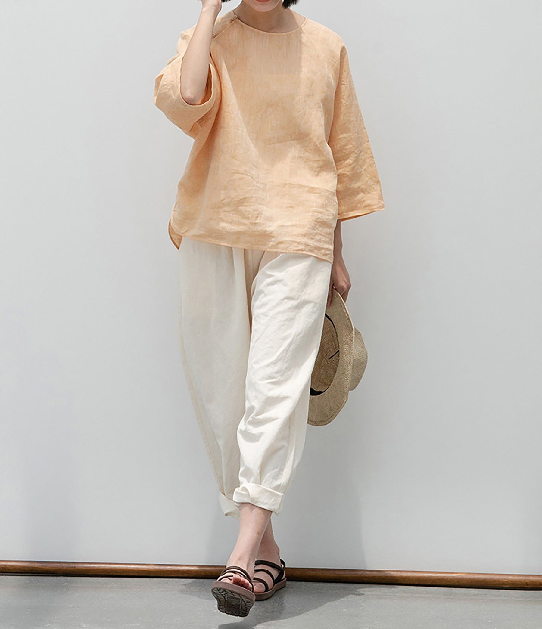 edoa  Loose Fit Yarn Dyed Linen Chinese T-shirt
