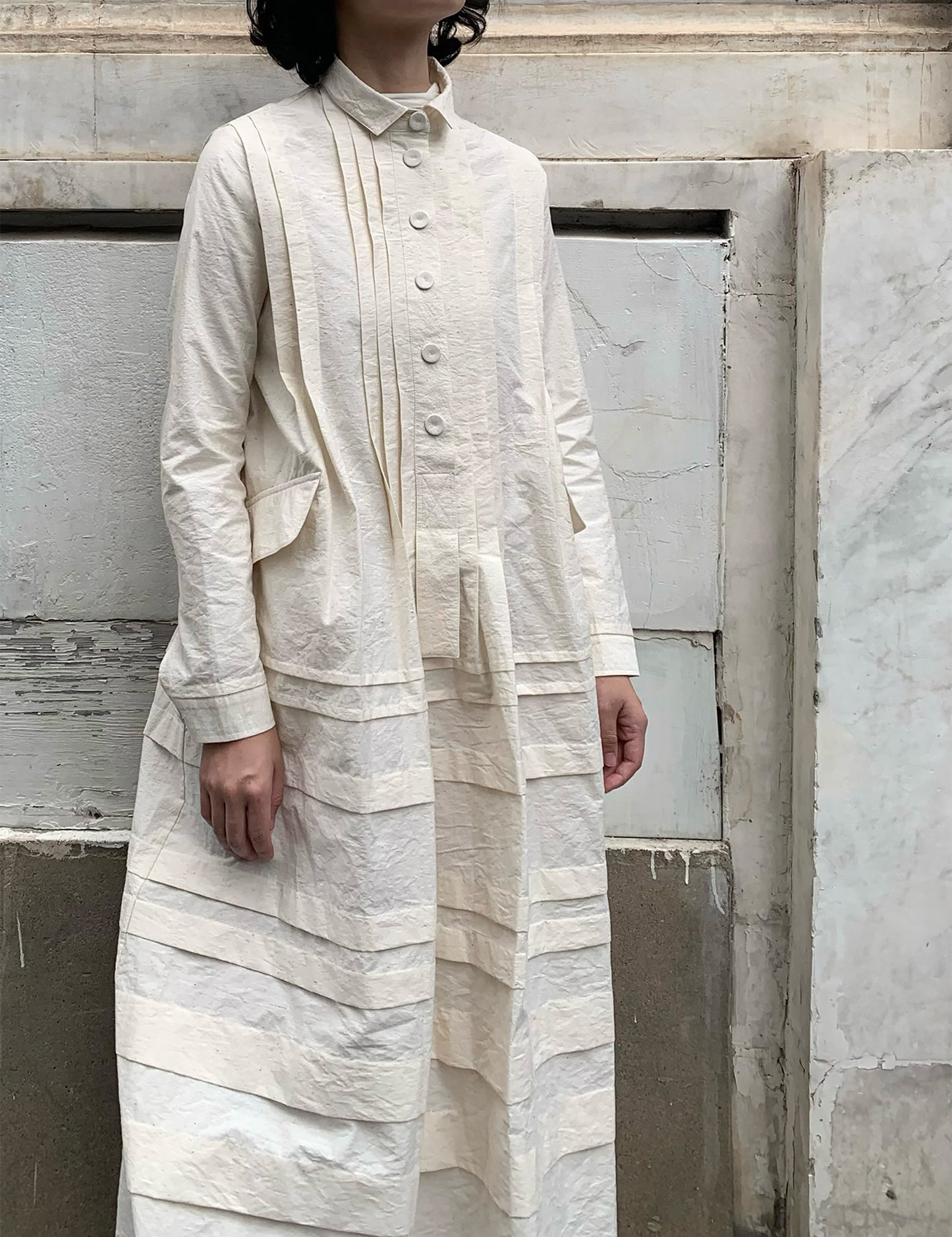 edoa Paper Cotton Pintuck Pleated Medieval Shirt Dress