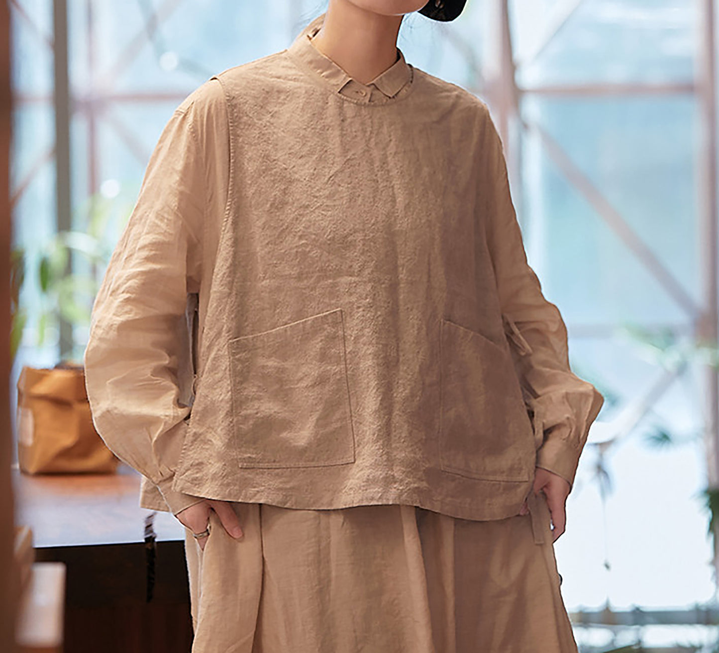edoa Loose Flax Linen Two-piece Pullover Tie Vest