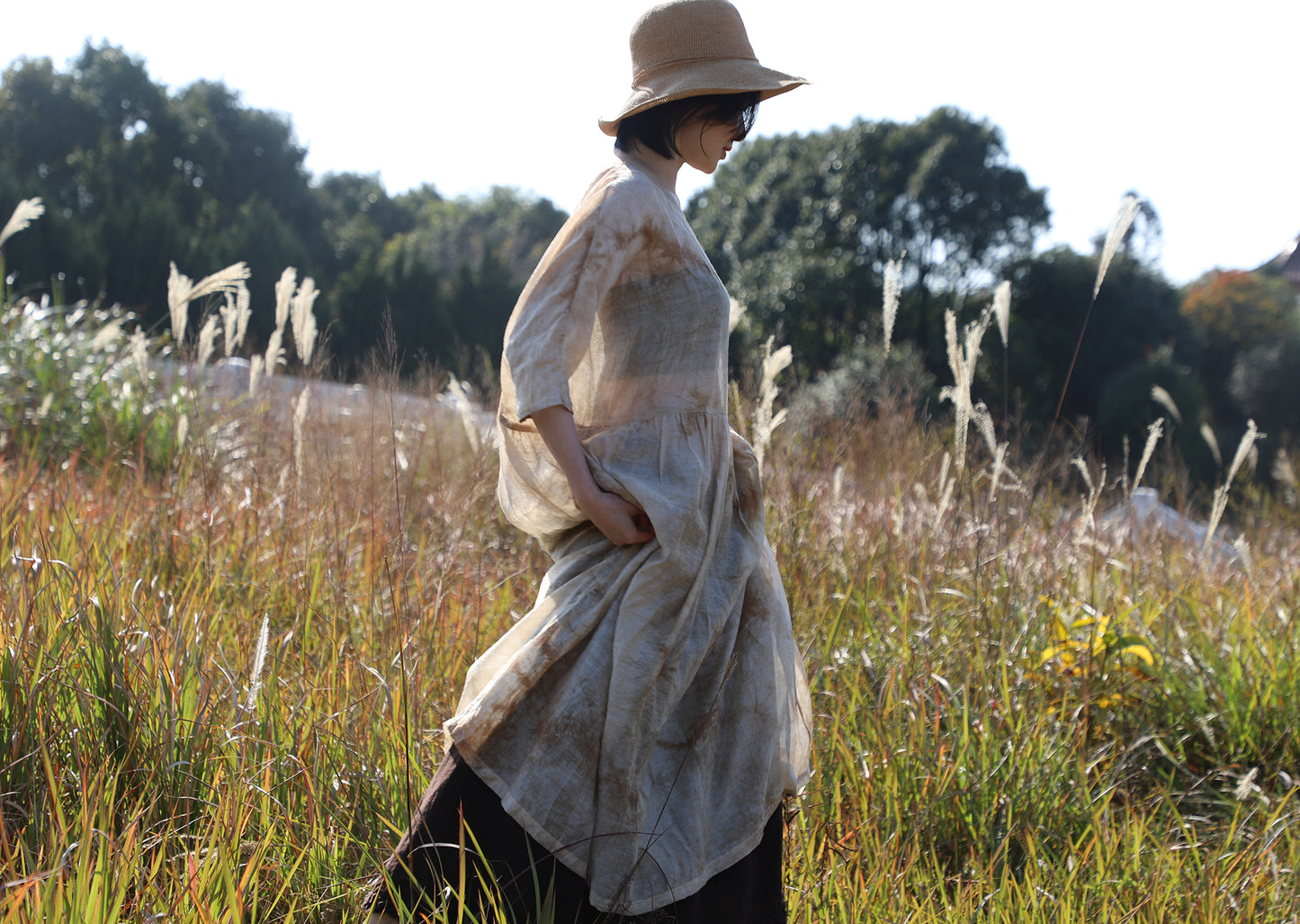 edoa Low Gathered Waist Oversized Linen Rayon Blend Dress