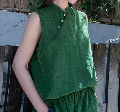 edoa Emerald Green Crackle Mud Silk Sleeveless Qipao Top