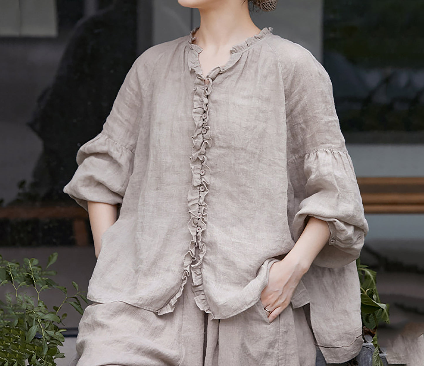 edoa Oversized High Count Hemp Ruffle Blouse