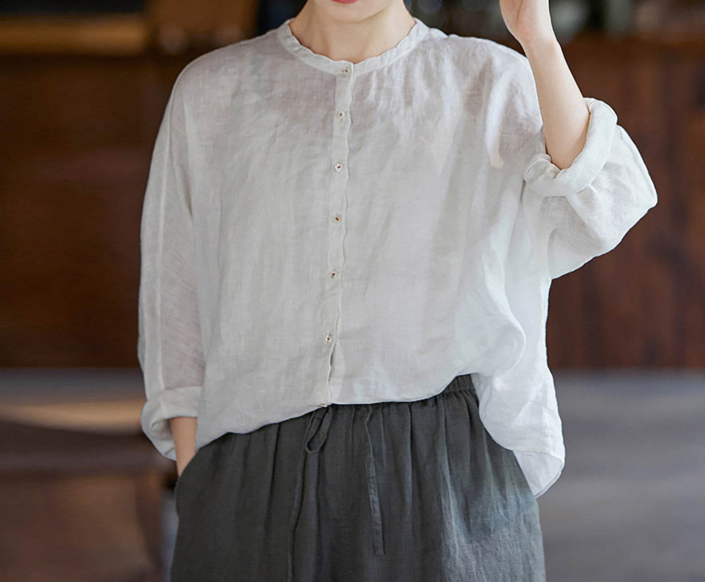 edoa Free Size Loose White Linen Petal Blouse 