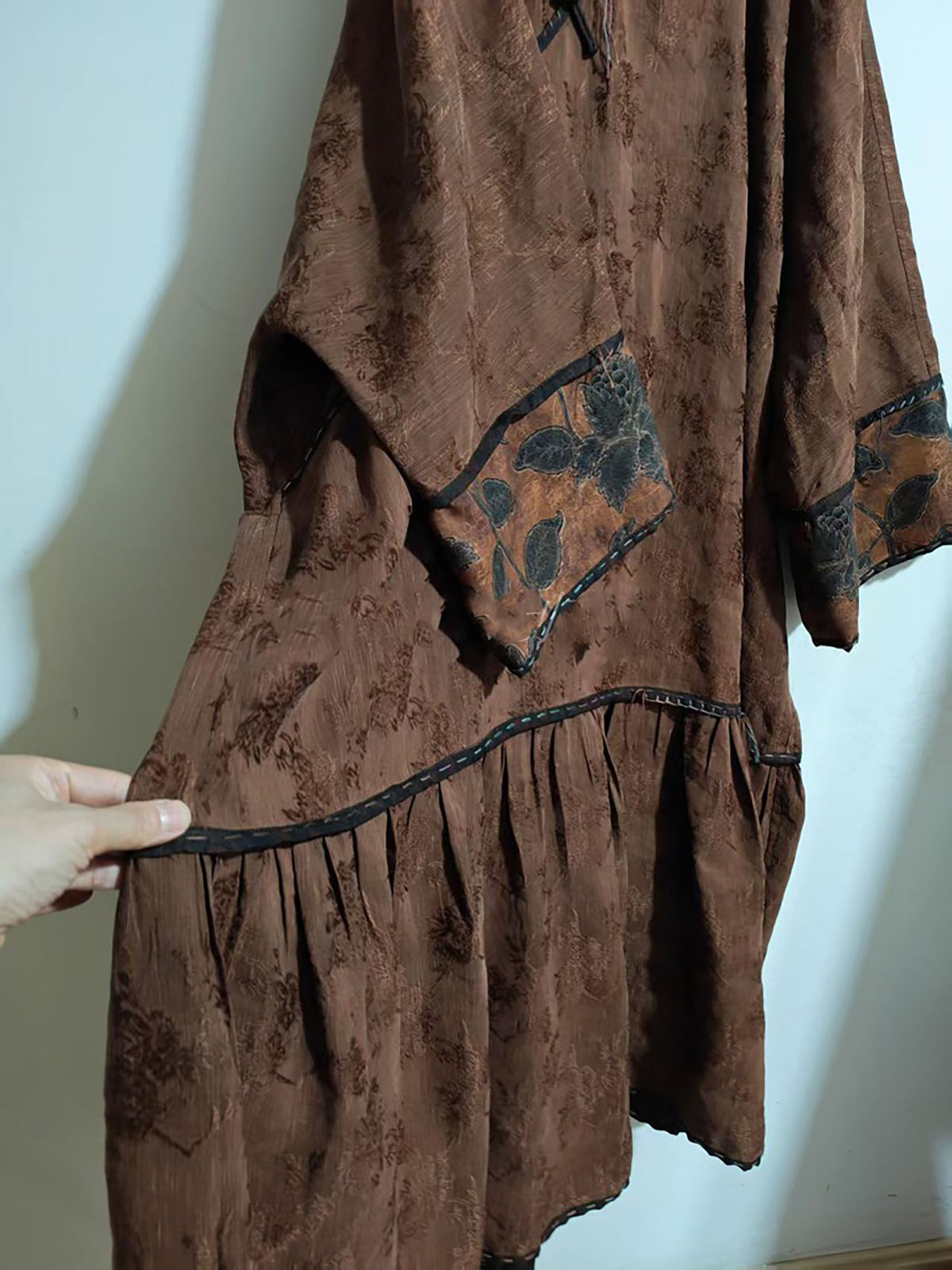 Mud Dyed Silk Linen Blend Jacquard Ruffled Hem Qipao Dress dr0401 X333