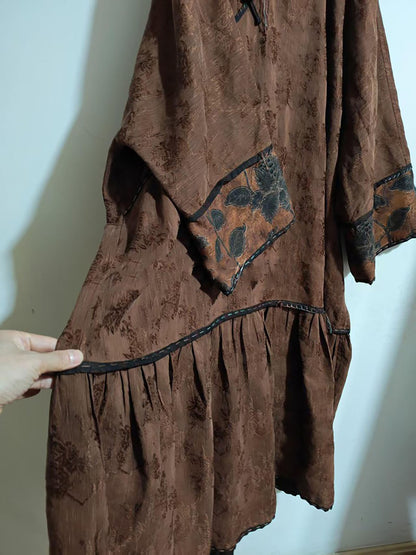 Mud Dyed Silk Linen Blend Jacquard Ruffled Hem Qipao Dress dr0401 X333