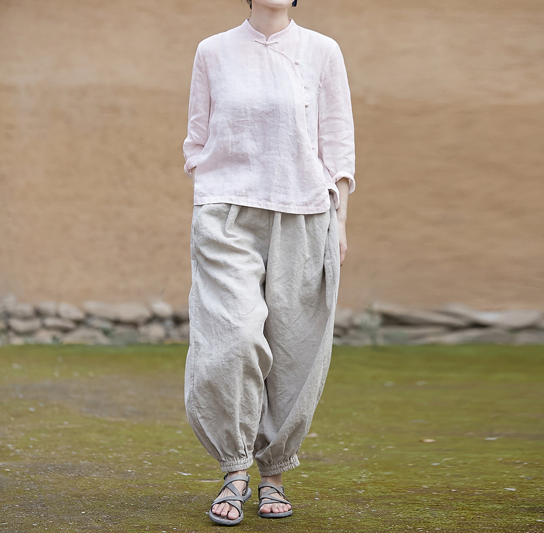 edoa Pink Linen Chinese Qipao Blouse