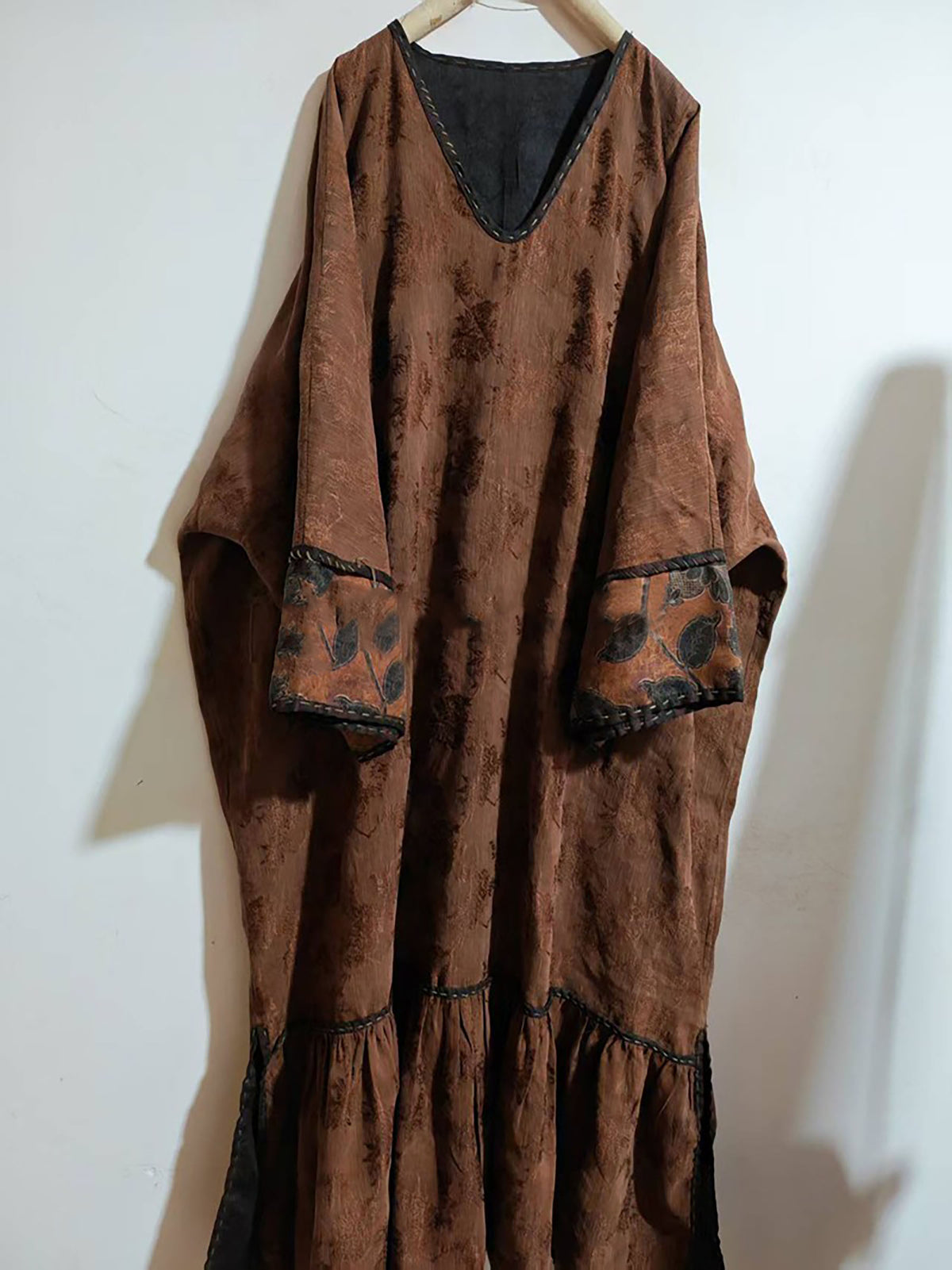 Mud Silk Linen Blend Jacquard V-neck Ruffled Hem Tunic Dress dr0402 X334