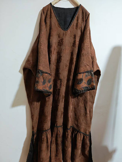 Mud Silk Linen Blend Jacquard V-neck Ruffled Hem Tunic Dress dr0402 X334
