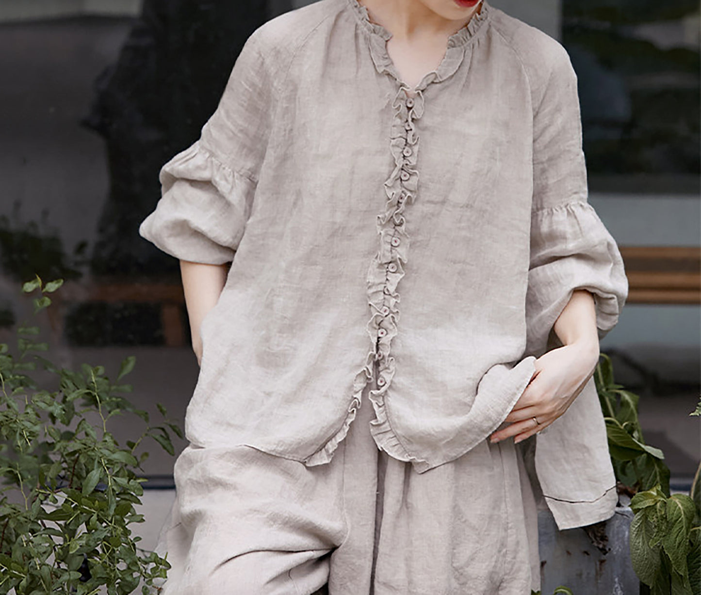 edoa Oversized High Count Hemp Ruffle Blouse