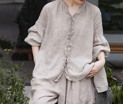 edoa Oversized High Count Hemp Ruffle Blouse