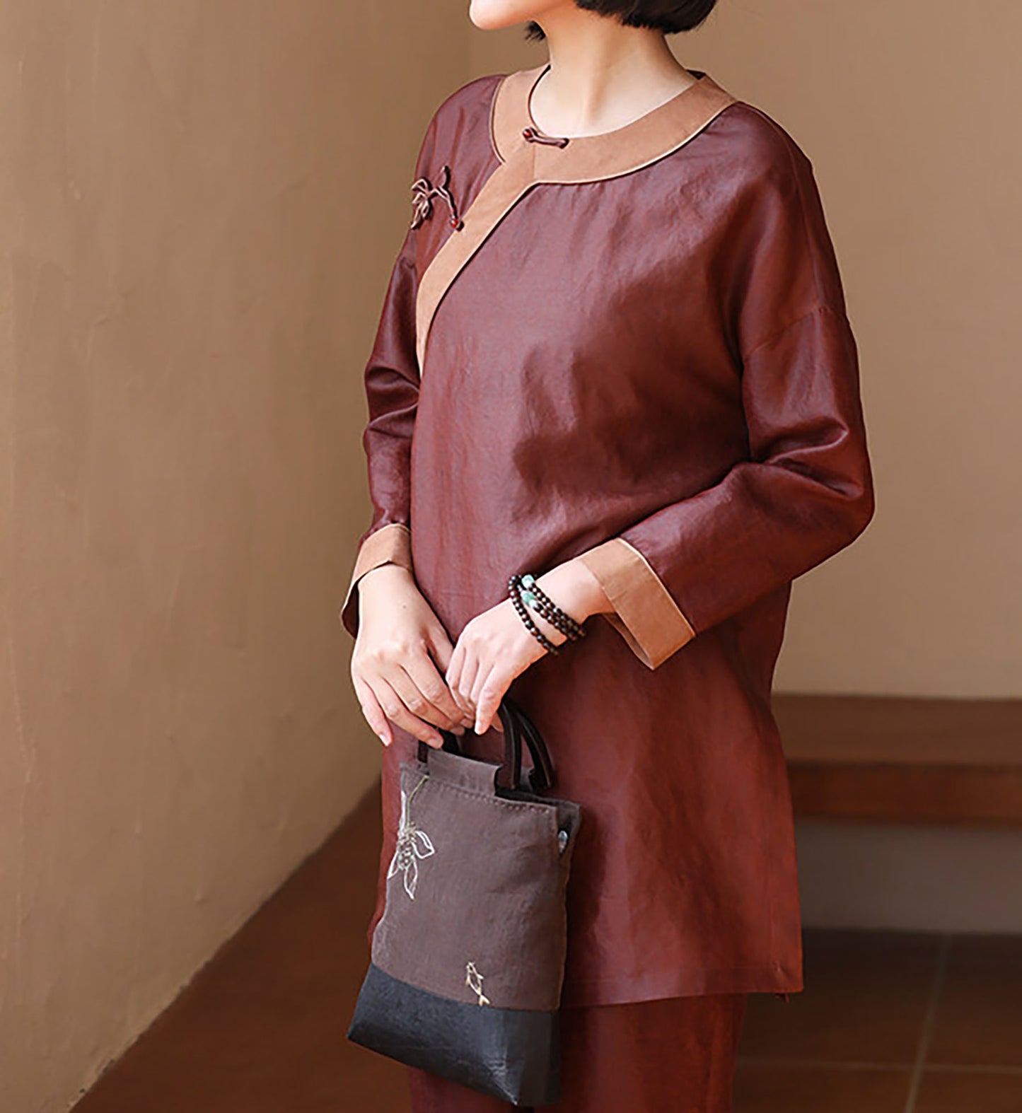 edoa Luxury Cracked Mud Silk Habotai Chinese Style Cheongsam