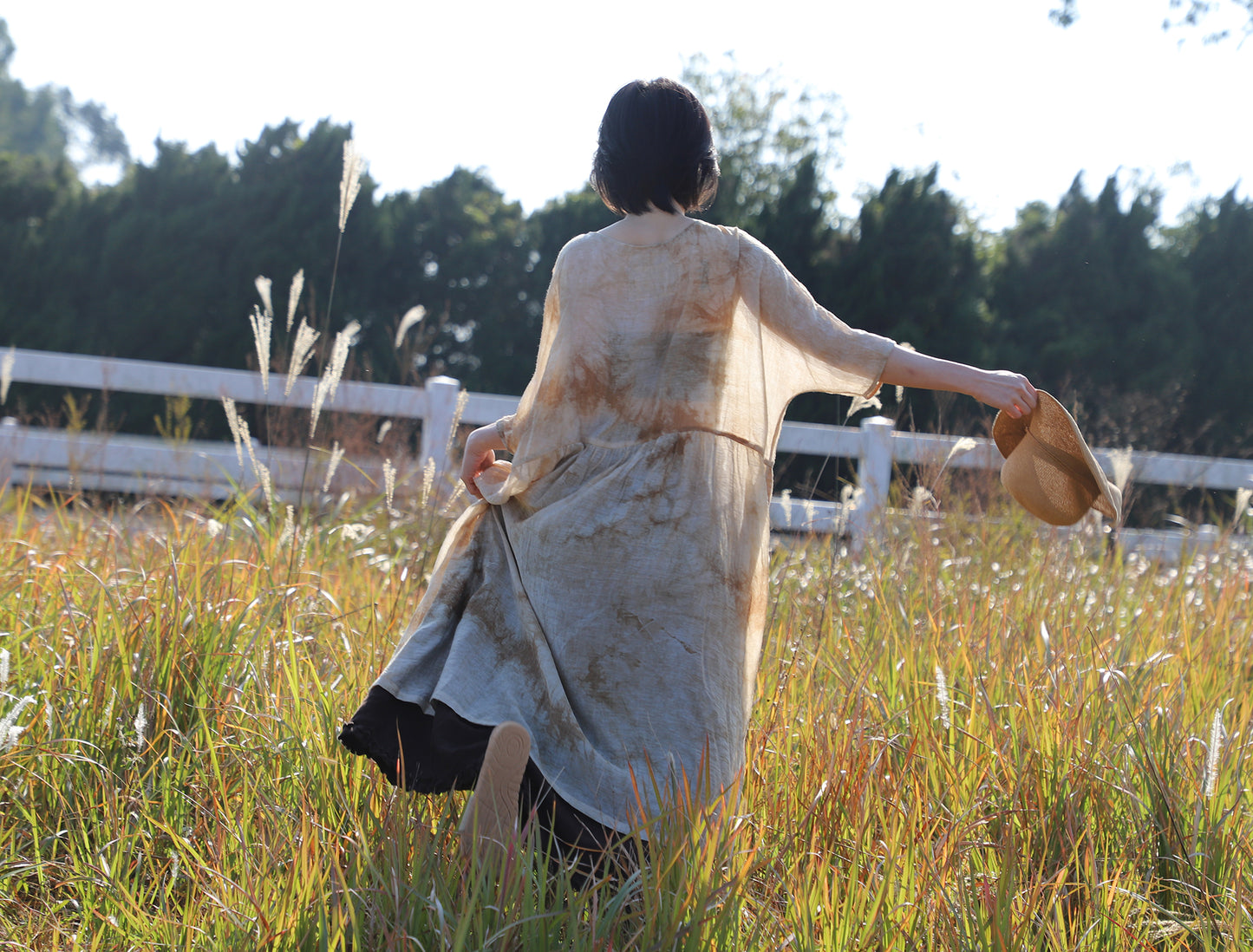 edoa Low Gathered Waist Oversized Linen Rayon Blend Dress