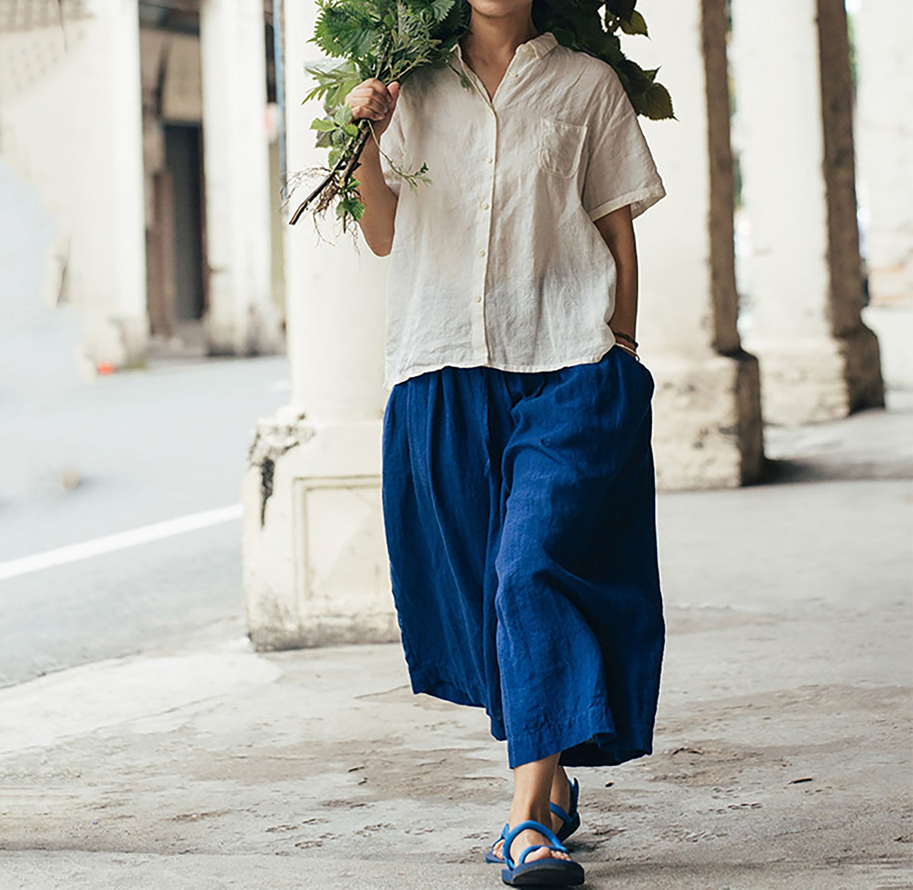 edoa Washed Linen Short Sleeve Artist Shirt 