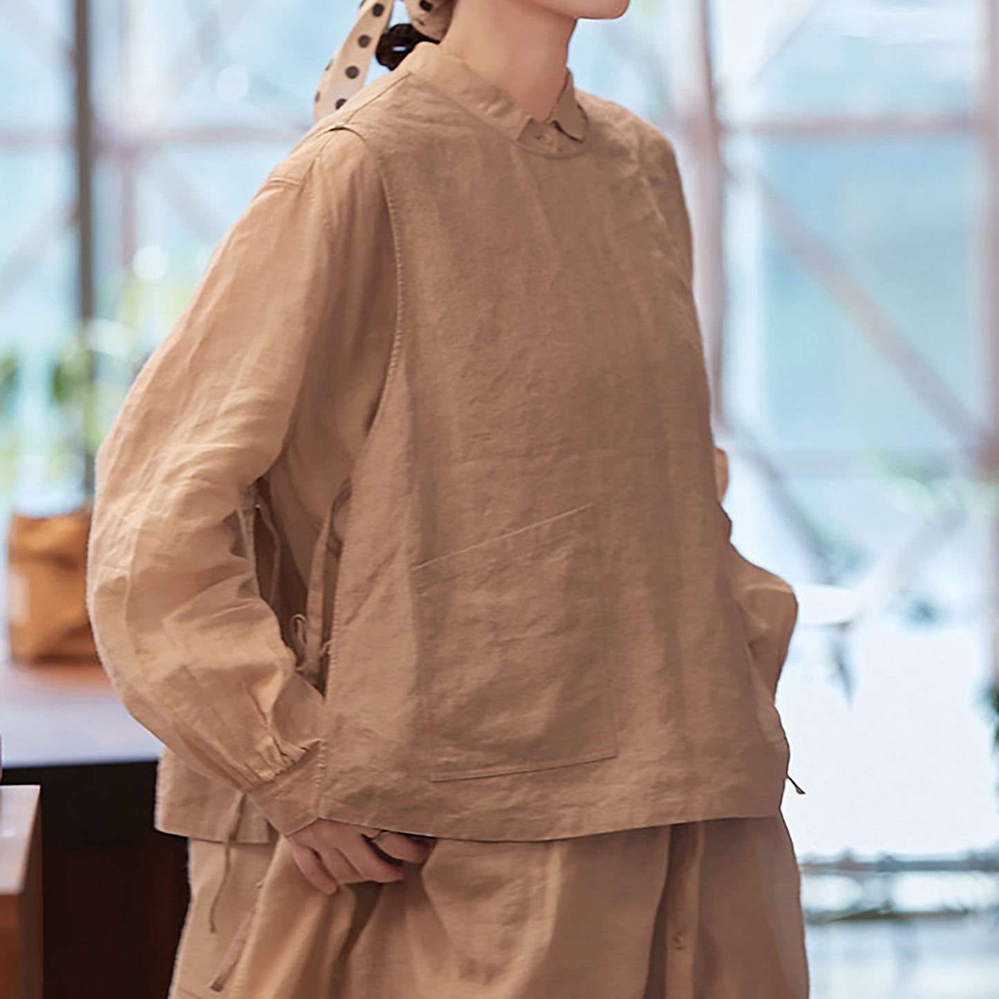 edoa Loose Flax Linen Two-piece Pullover Tie Vest