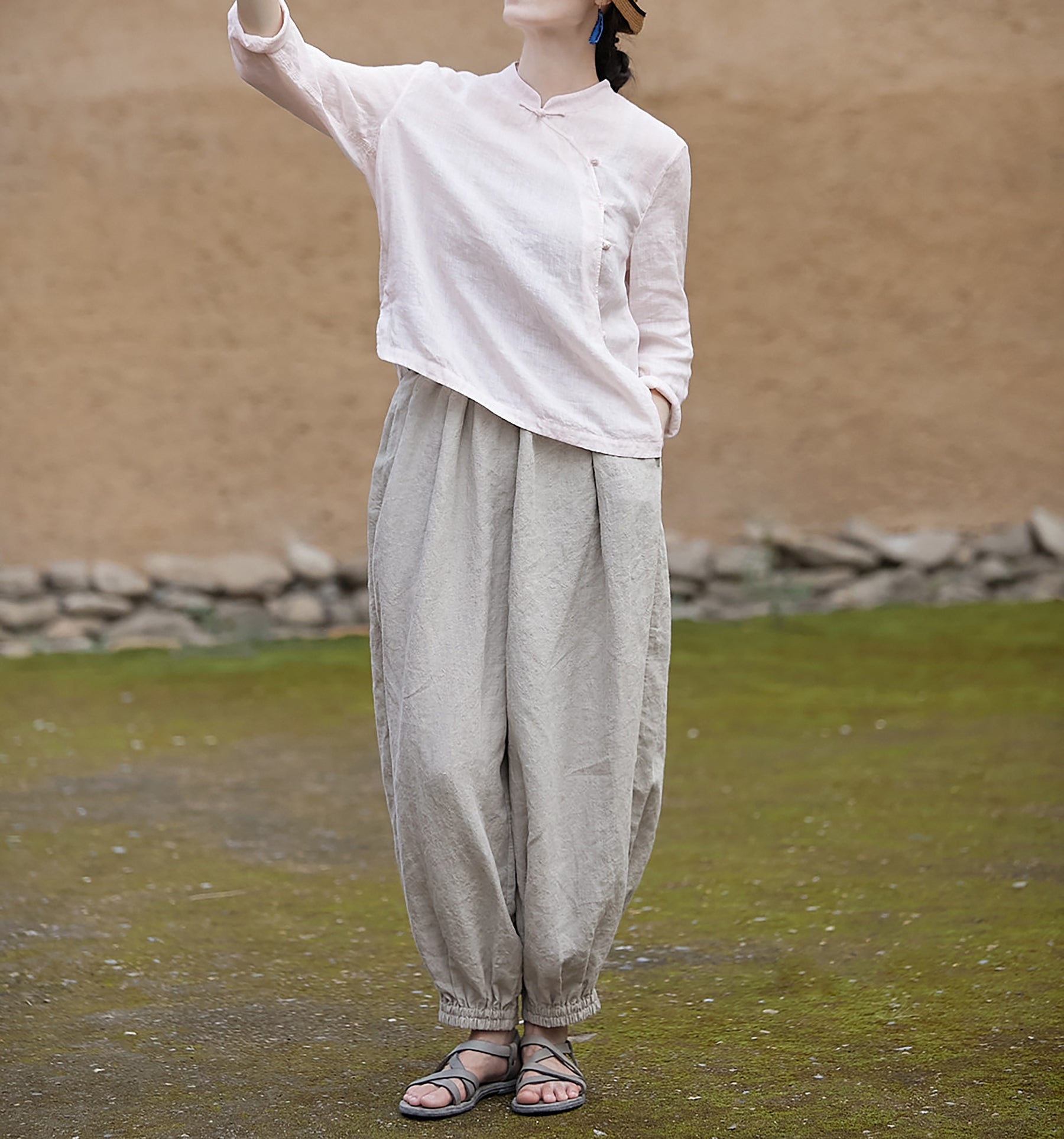 edoa Pink Linen Chinese Qipao Blouse