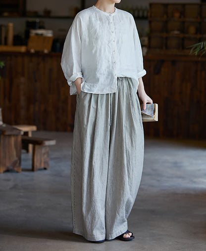 edoa Free Size Loose White Linen Petal Blouse 
