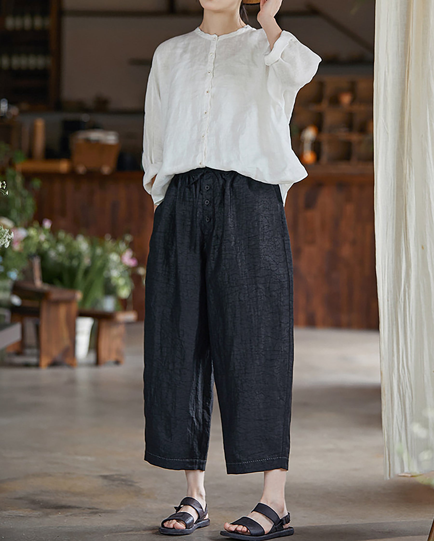 edoa Free Size Loose White Linen Petal Blouse 
