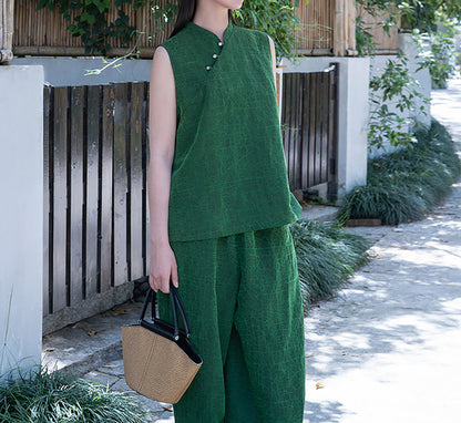 edoa Emerald Green Crackle Mud Silk Sleeveless Qipao Top
