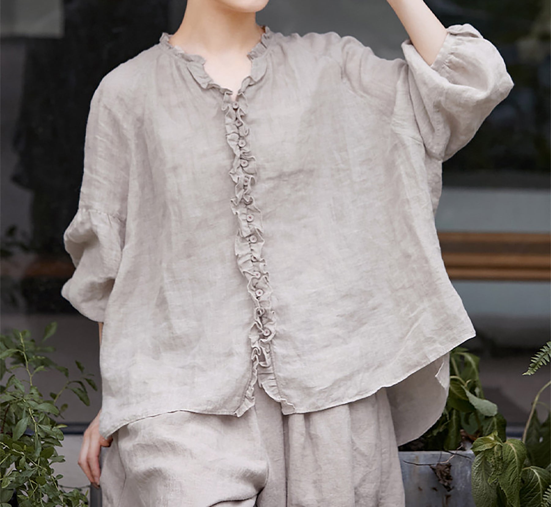edoa Oversized High Count Hemp Ruffle Blouse