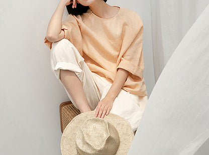 edoa  Loose Fit Yarn Dyed Linen Chinese T-shirt