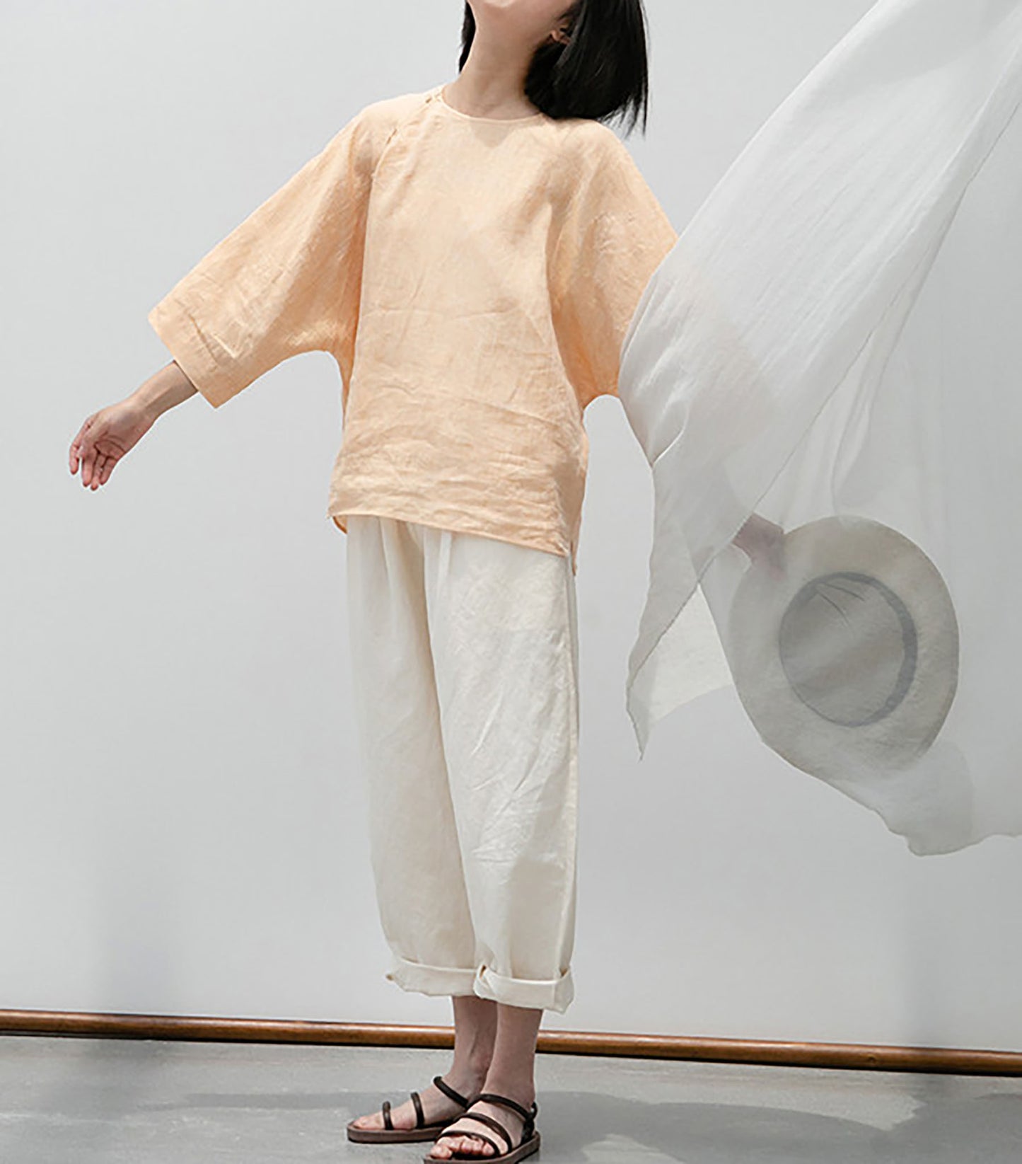 edoa  Loose Fit Yarn Dyed Linen Chinese T-shirt