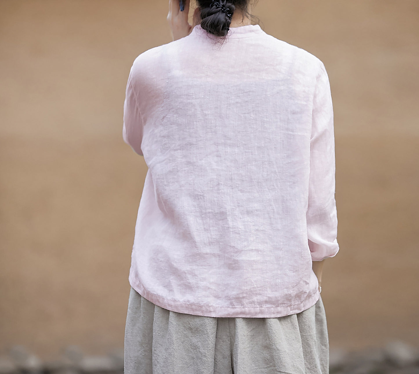 edoa Pink Linen Chinese Qipao Blouse