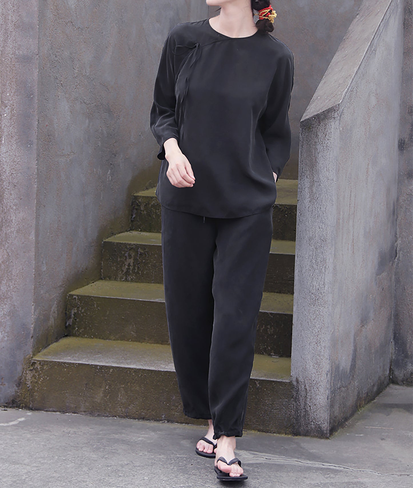 edoa Black Sand Washed Mulberry Silk Habotati Chinese Blouse