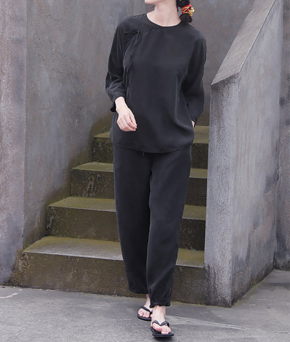 edoa Black Sand Washed Mulberry Silk Habotati Chinese Blouse