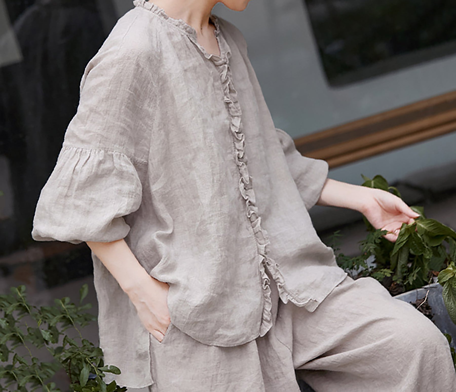 edoa Oversized High Count Hemp Ruffle Blouse