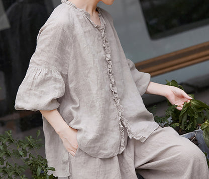 edoa Oversized High Count Hemp Ruffle Blouse