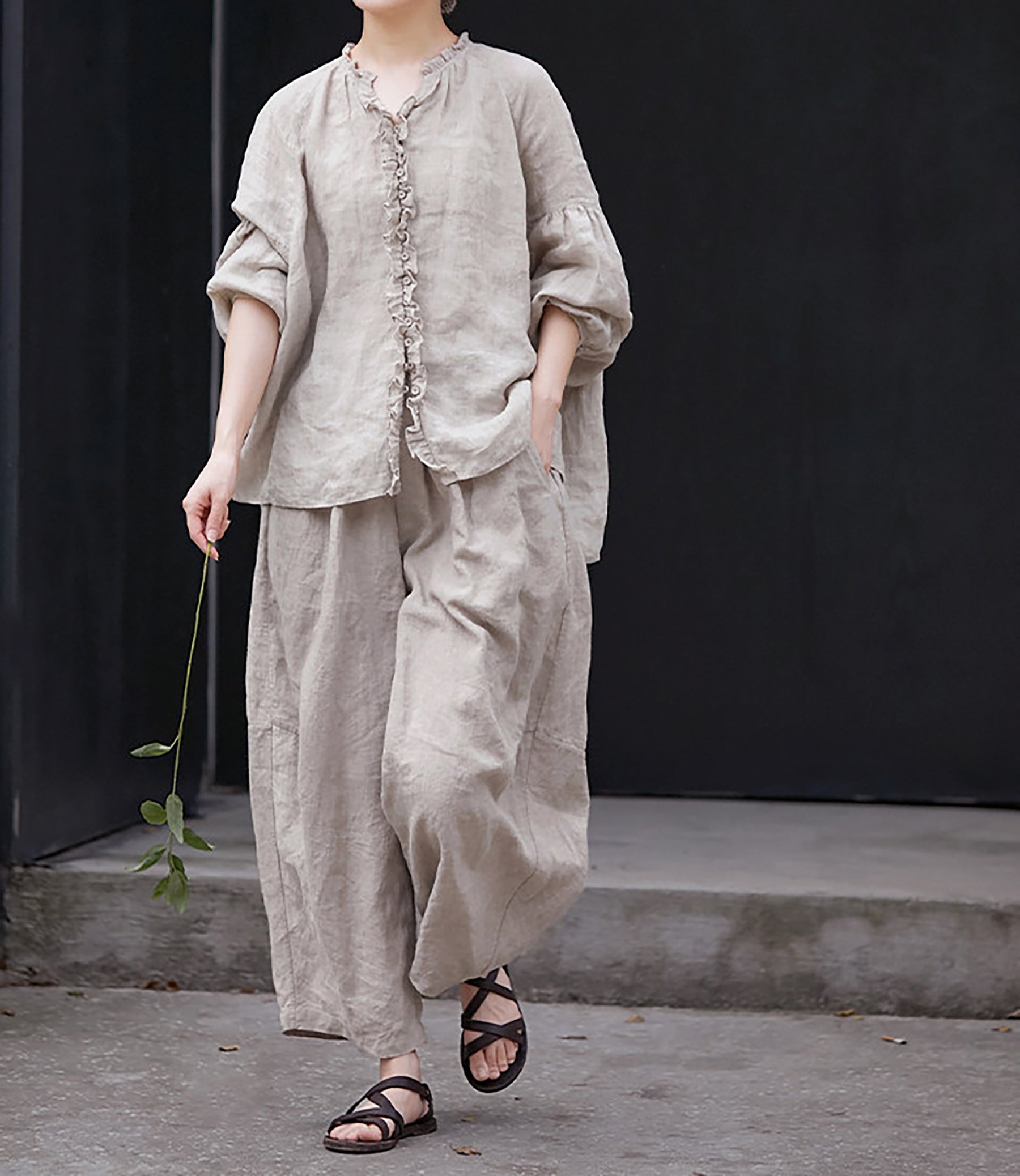 edoa Oversized High Count Hemp Ruffle Blouse