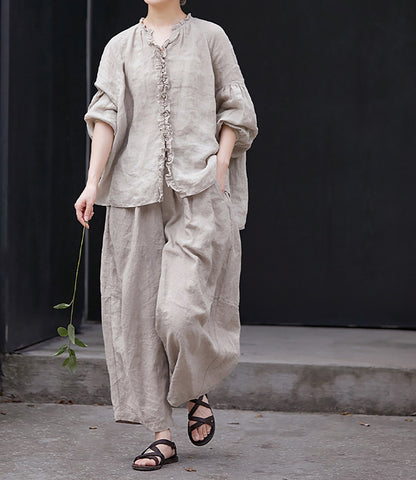 edoa Oversized High Count Hemp Ruffle Blouse
