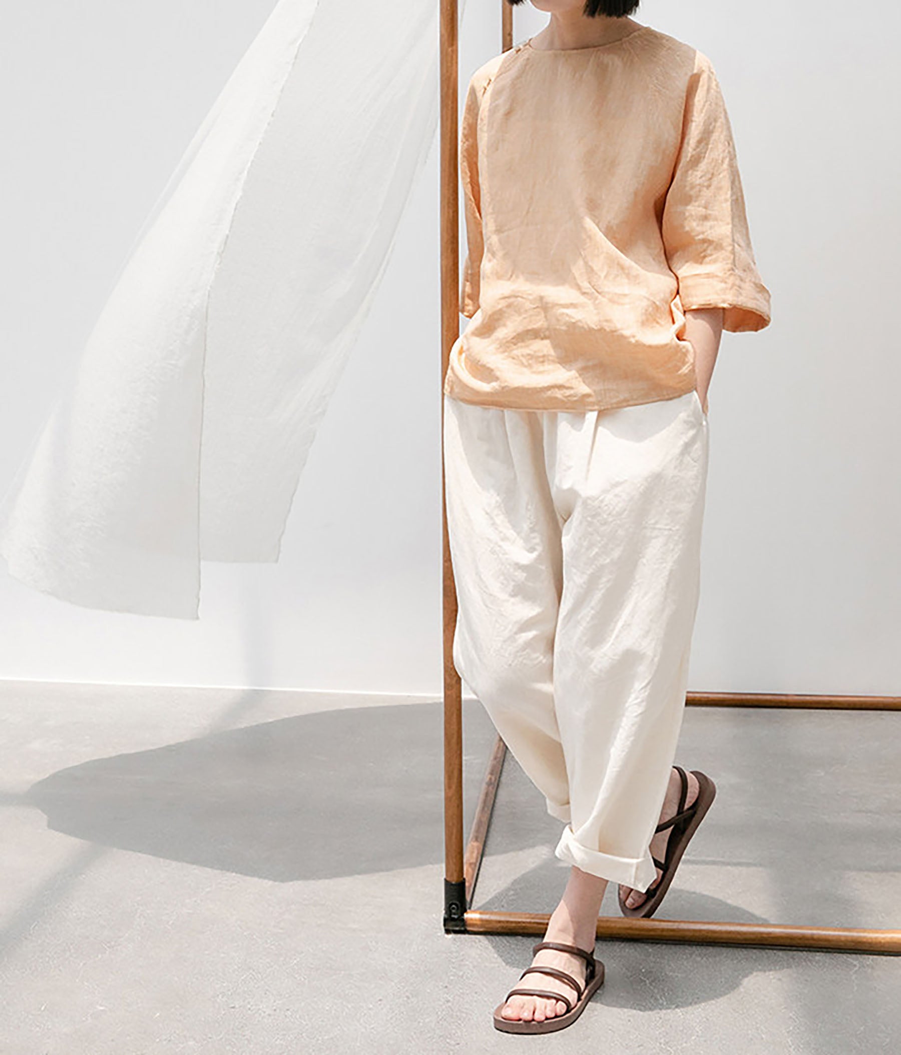 edoa  Loose Fit Yarn Dyed Linen Chinese T-shirt