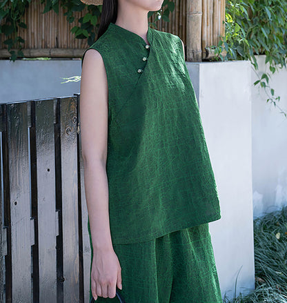 edoa Emerald Green Crackle Mud Silk Sleeveless Qipao Top