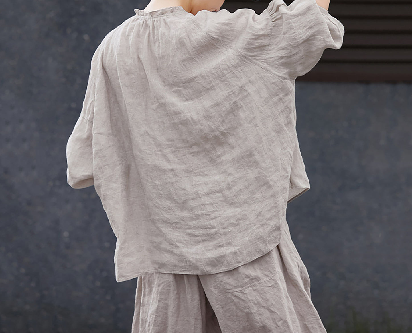 edoa Oversized High Count Hemp Ruffle Blouse