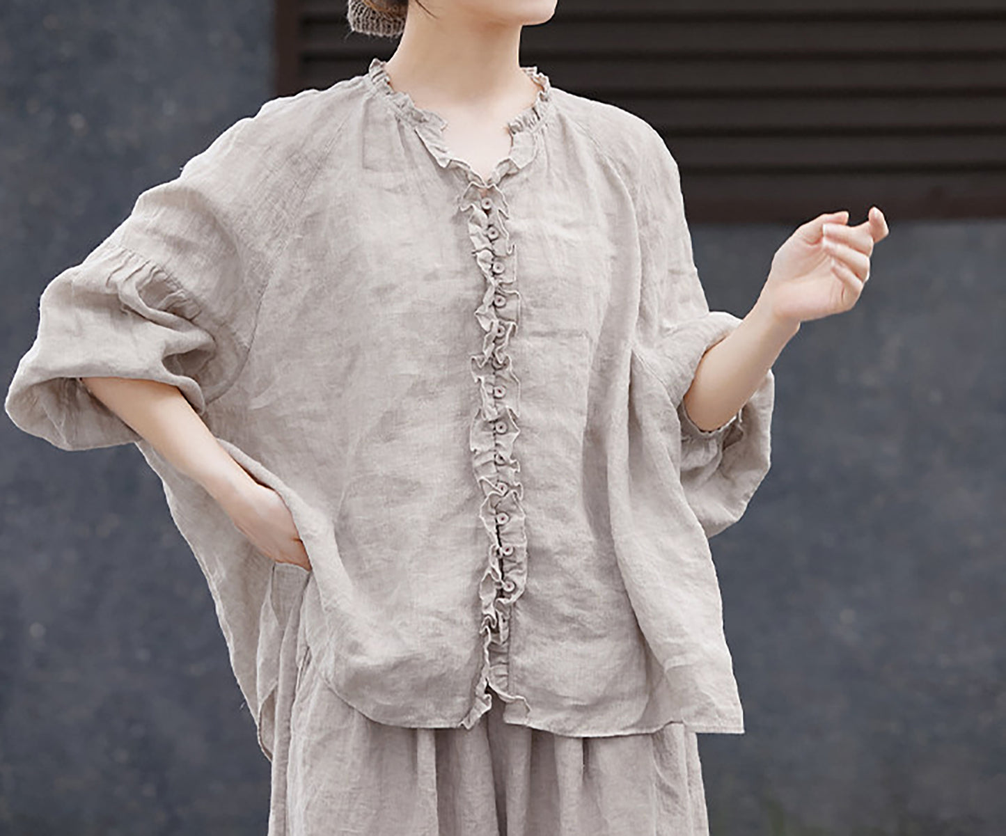 edoa Oversized High Count Hemp Ruffle Blouse