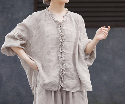 edoa Oversized High Count Hemp Ruffle Blouse