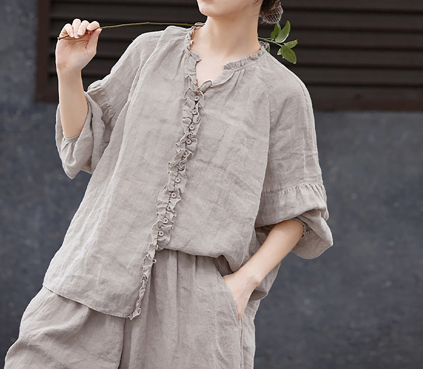 edoa Oversized High Count Hemp Ruffle Blouse