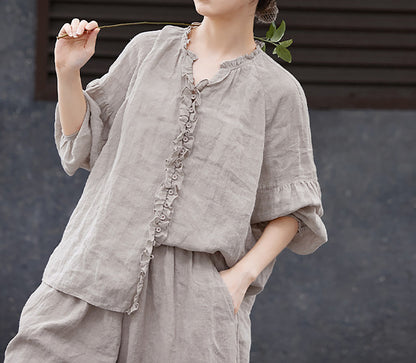 edoa Oversized High Count Hemp Ruffle Blouse