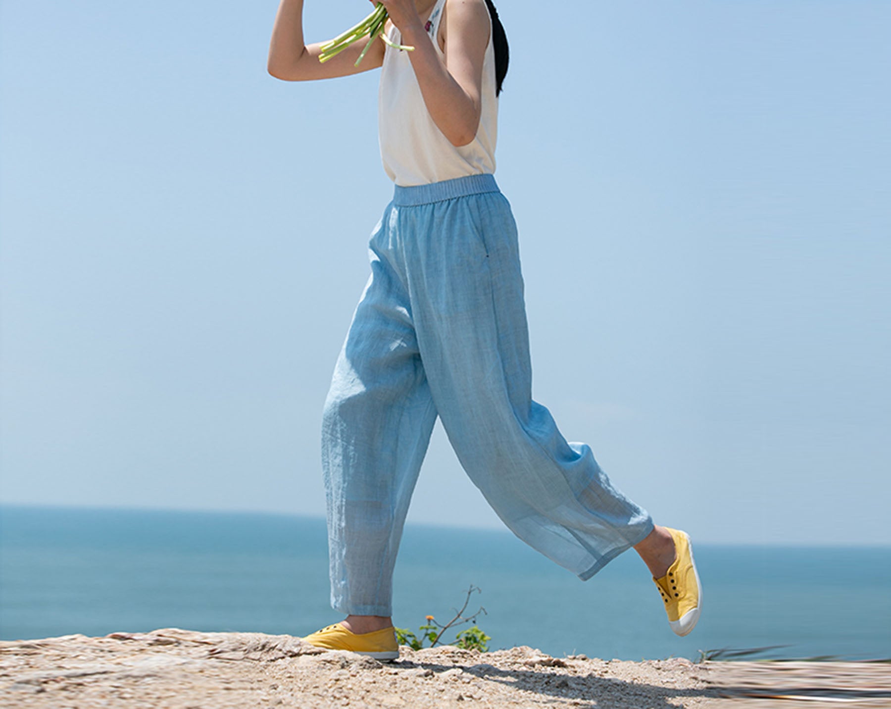 edoa Thin High Count Ramie Pintuck Waist Lantern Pants 