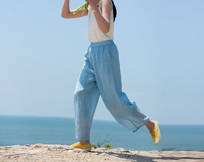edoa Thin High Count Ramie Pintuck Waist Lantern Pants 