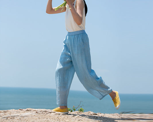 edoa Thin High Count Ramie Pintuck Waist Lantern Pants 
