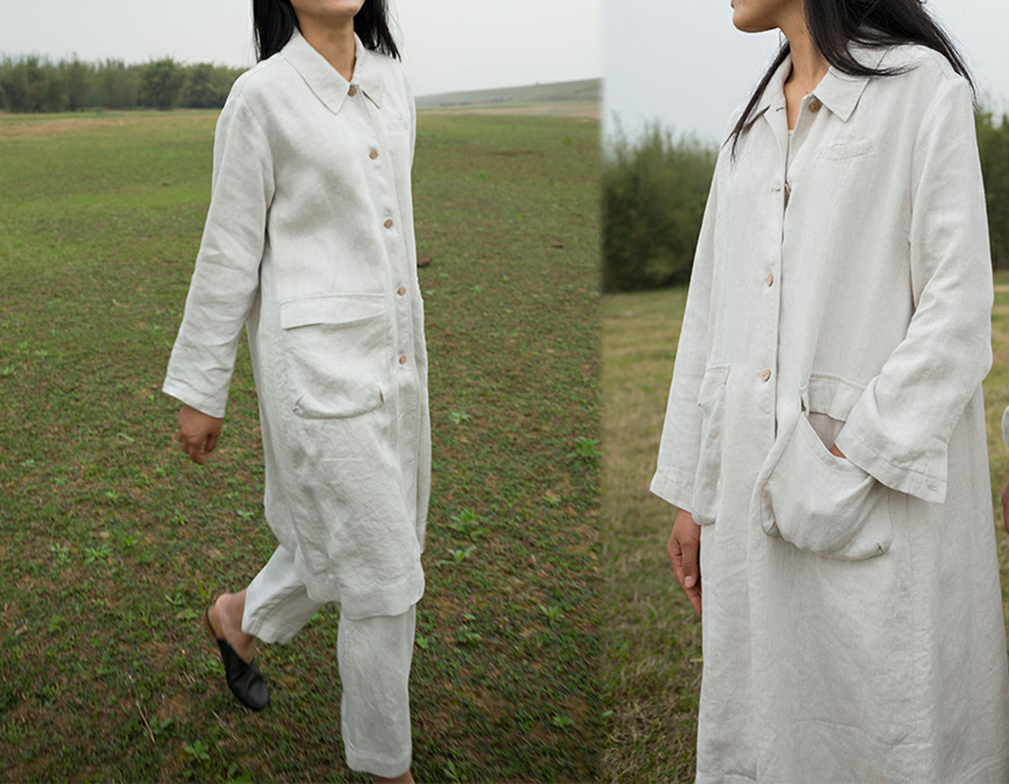 edoa Unisex Flax Linen Trench Coat